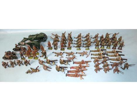 Britains, a group of unboxed mainly WWI figures in khaki, approximately 79, including 24 in gas masks, and a No.2 18" Heavy H