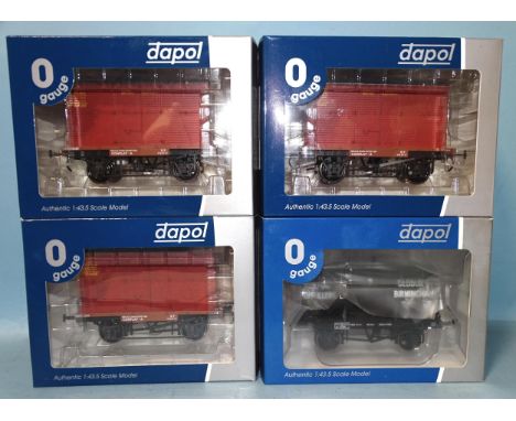 Dapol, O gauge, four boxed wagons: Tower Model Conflats (x3) and 7F-063-005 Anchor-mounted Tank, (4).