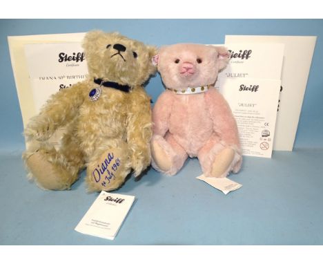 Steiff, teddy bears "Diana" 50th Birthday Bear, 30cm, with tag and certificates and "Juliet", 25cm, with tag and certificates