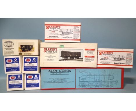 Ten unmade O gauge kits: Alan Gibson LNER J15, Parkside Models by Peco PS15, PS19 (x2) and PS25, Parkside Dundas Wagon, Slate