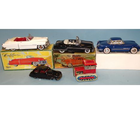 A Chad Valley tinplate c/w car registration no.CV10046, (black), a "Minister Delux" tinplate car, (boxed), two other boxed ti