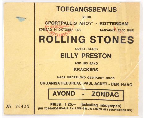 Rolling Stones concert ticket - No. 30423, 14 October 1973 Rotterdam with support from Billy Preston and Krackers. 