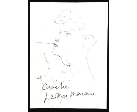 Jean Marais signed print of a Jean Cocteau portrait of Marais, 5.5 x 4 inches. Provenance: from the estate of John Geary. Joh