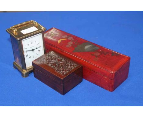 LOT OF VARIOUS LACQUERED AND WOOD BOXESone box containing spectacles and a plated mesh purse; along with a Bayard brass mante