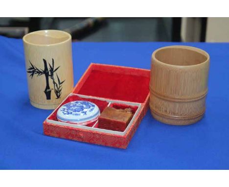 LOT OF JAPANESE COLLECTABLE ITEMSincluding two brush pots, two lacquered panels, seal and ink set, silk wall hangings, modern