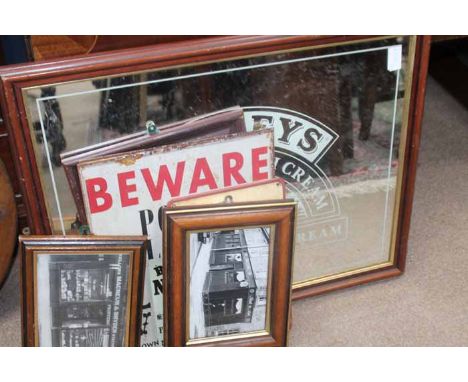LOT OF VINTAGE TIN SIGNS AND PHOTOGRAPHSalong with a Bailey's pub mirror