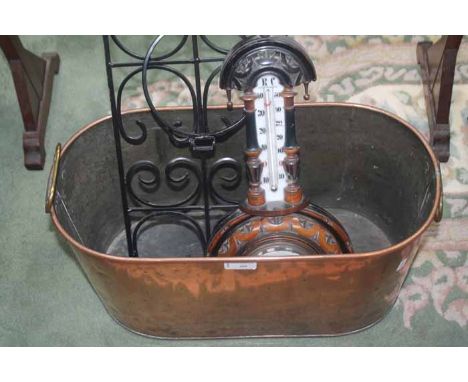 COPPER TWIN-HANDLED FUEL BIN OF OVAL FORMtogether with a barometer, etc (3)