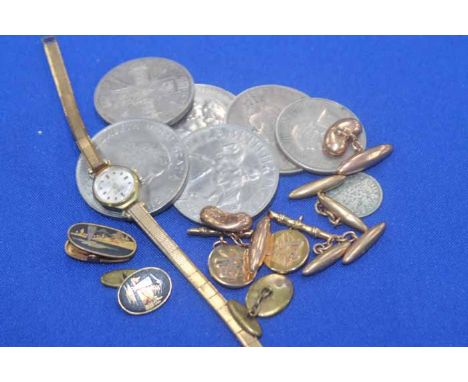 TWO PAIRS OF NINE CARAT GOLD CUFFLINKSalong with a pair of Chinese gilt metal cufflinks, another pair with a matching tie cli