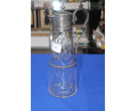 VICTORIAN CLEAR GLASS TAPERING CLARET JUGwith plated mounts; also with a Mauchlineware trinket box and a modern Waterman foun