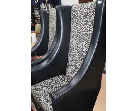 FOUR LARGE LEATHER AND FABRIC UPHOLSTERED LOBBY CHAIRS, TWO PURPLE DESIGN AND TWO LEOPARD PRINT DESIGNincluding three leopard
