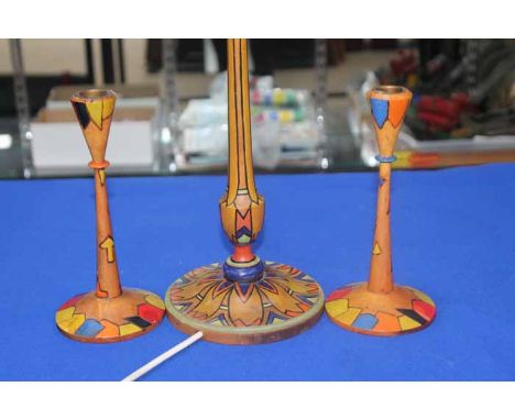 ART DECO PAINTED LAMP together with a pair of Art Deco painted candlesticks