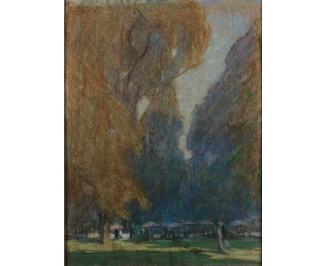 Charles Haslewood Shannon RA (1863-1937), Kensington Gardens- Tea under the trees, pastel, titled verso. Measurements 17 x 20