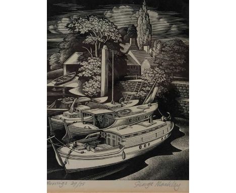 George Mackley MBE (1900-1983), 'Moorings', signed in pencil, numbered 29/75, wood engraving. Measurements 14 x 11cm (SH) tog