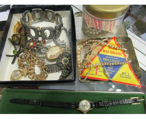 Mixed costume jewellery to include pearl necklaces, ladies watches,a cameo brooch include a Retro silver bangle Assey Office 