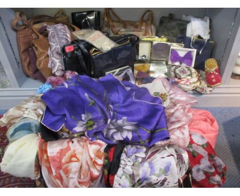 Vintage handbags to include Gigi and Jane Shilton together with a quantity of ladies scarves to include Jane Shilton scarves 