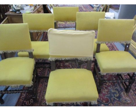 A Harlequin set of Cromwellian style chairs with ring turned stretchers with block and turned front legs having a yellow upho