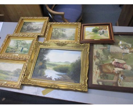Mixed pictures to include Pamela Derby - oil on board depicting a country landscape and oleograph others