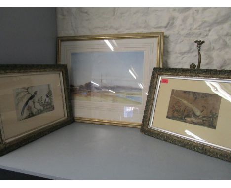 Two late 19th century Japanese watercolours on rice paper, each of birds, and a limited edition Russell Flint print 312/1000 