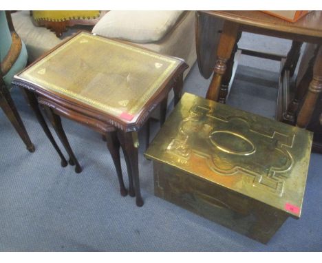 A mixed lot to include a TCM Dodson signed limited edition print, large gilt mirror, brass coal box and a nest of mahogany ta