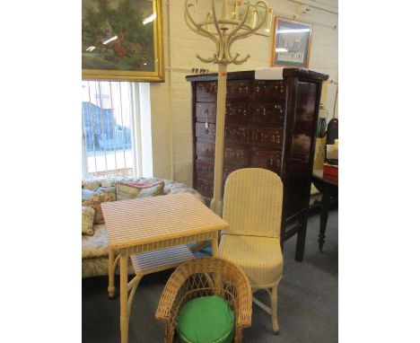 A vintage painted bentwood hat and coat stand, along with a Lloyd Loom chair, table and a wicker chair 