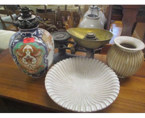 A 1920s Japanese vase converted to a lamp, cast iron kitchen scales, and Danish pottery by Schollert and Nerum 