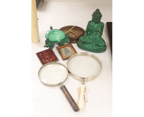   A French Art Deco green glass ashtray, a similar green glass Buddha, two magnifying glasses and a Daguerreotype portrait of