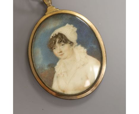   A 19th century French oval portrait miniature on ivory, framed, 6 x 5cm