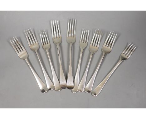   Nine assorted 18th and 19th century silver table and dessert forks, various dates and makers,17.5oz.