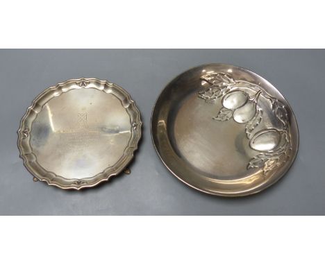   A George V silver waiter, Chester, 1921, 17.9cm and an Italian 800 standard white metal bowl embossed with fruit,12oz