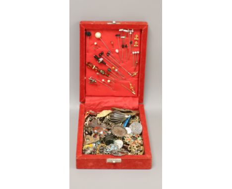   A mixed quantity of costume jewellery including stick pins, Scottish hardstone brooch, silver medallion, etc.