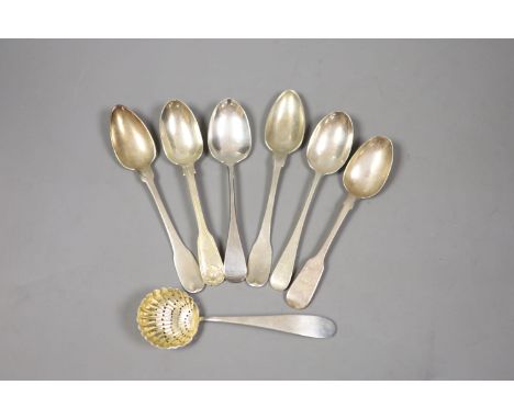   Seven assorted 19th century silver spoons including teaspoons and a sifter spoon, various dates and makers,5oz.