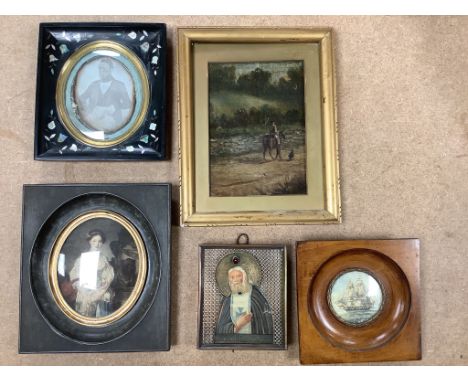   A 19th century Daguerreotype portrait of a gentleman, together with a small Russian painted icon, a small miniature waterco