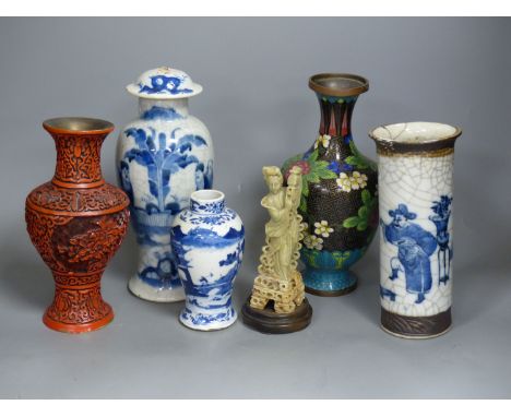   Three Chinese blue and white vases, a cloisonne enamel vase, another vase and a soapstone figure