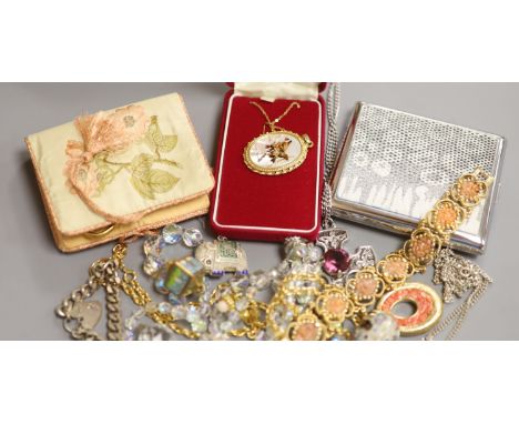   Mixed jewellery including silver bracelet, costume jewellery and a cigarette case.