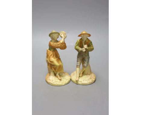   A pair of Royal Worcester figures of Stephen and companion, he with a flute and she with a tambourine, c.1890's, shot ename