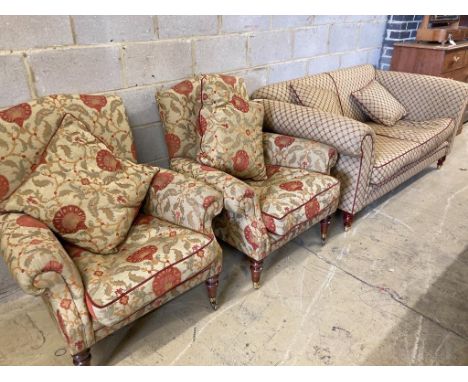   A Victorian style two seater sofa and a pair of armchairs, sofa length 178cm, depth 90cm, height 78cm