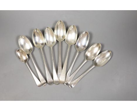   Nine assorted 18th and 19th century silver table and desert spoons, various dates and makers,17.5oz.