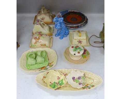   Miscellaneous china, including three cheese dishes, a Beswick preserve pot and cover, Carlton Ware and Imari dishes, etc.