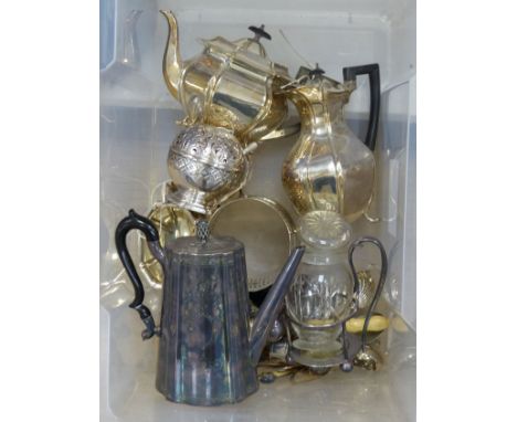   A four-piece silver-plated tea service, a plated ball-shaped string holder, a pair of fish servers etc.