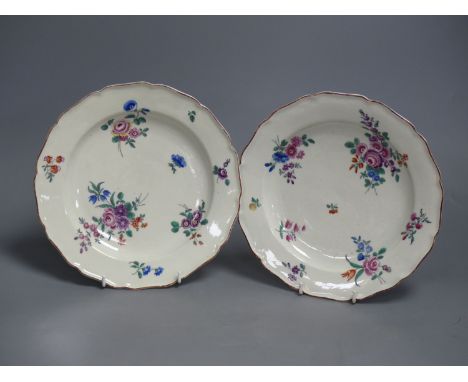   A pair of Royal Worcester silver shaped plates with flowers, c.1775, diameter 22.5cm