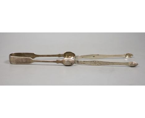   Two pairs of Georgina silver sugar tongs, one with bright cut engraving, largest 15.5cm, 83 grams.