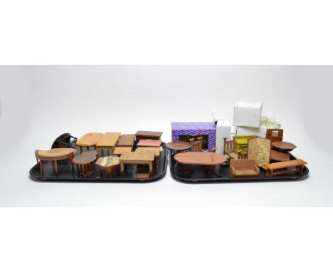 A collection of vintage stained wood dolls house furniture, including: dining tables; side tables; a folding dressing screen;