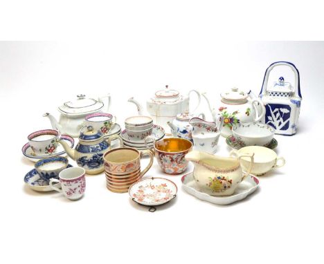 A selection of 18th Century and later tea wares, including: New Hall tea pot, jug and stand; 18th Century Chinese bullet tea 