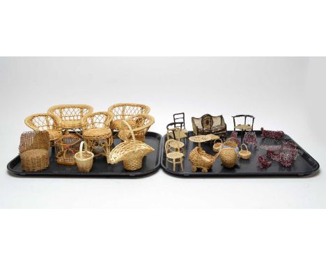 A collection of vintage dolls house conservatory furniture, including: a wicker conservatory suite; a pink beadwork conservat