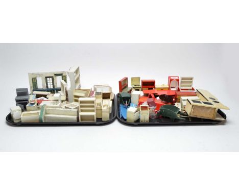 A collection of vintage painted wood, metal and plastic dolls house furniture, including: kitchen and bathroom units; sink un