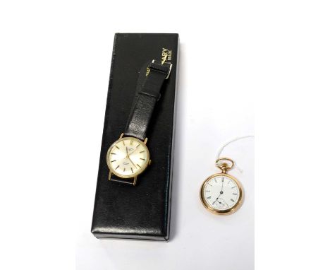 Amendment - A gold plated open faced fob watch, with manual wind movement, stamped '10K filled'; and a 9ct gold cased Rotary 