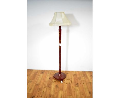 A decorative mid-20th Century red lacquer chinoiserie design standard lamp, the tapered column support and circular base with