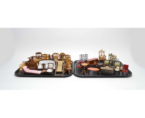 A collection of vintage dolls house chairs, of various designs, including: a chaise longue; a set of dining chairs with cane 