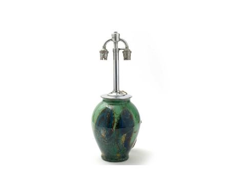 A 1930's Art Deco glass lamp, probably Monart in green and blue with brown and yellow inclusions, chromed metal mounts, the g