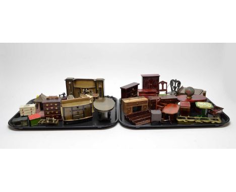 A collection of vintage dolls house furniture and furnishings, including: two treadle sewing machines; a writing bureau; a bi